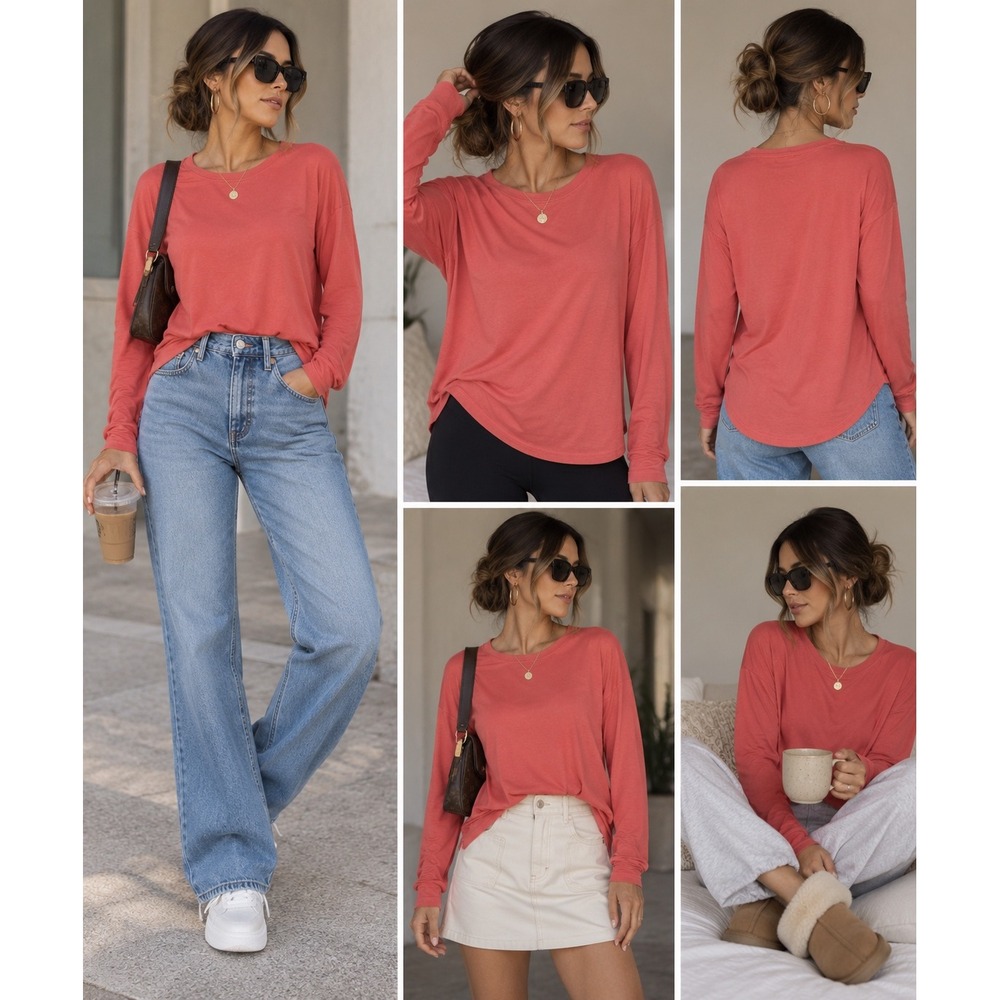 Gap Womens Long Sleeve Crewneck Top Coral Pink Relaxed Fit Size S NWT